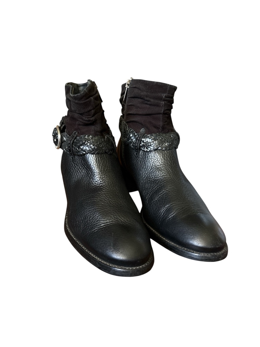 Brighton Black Leather Suede Braided Buckle Ankle Booties Block Heel size 9